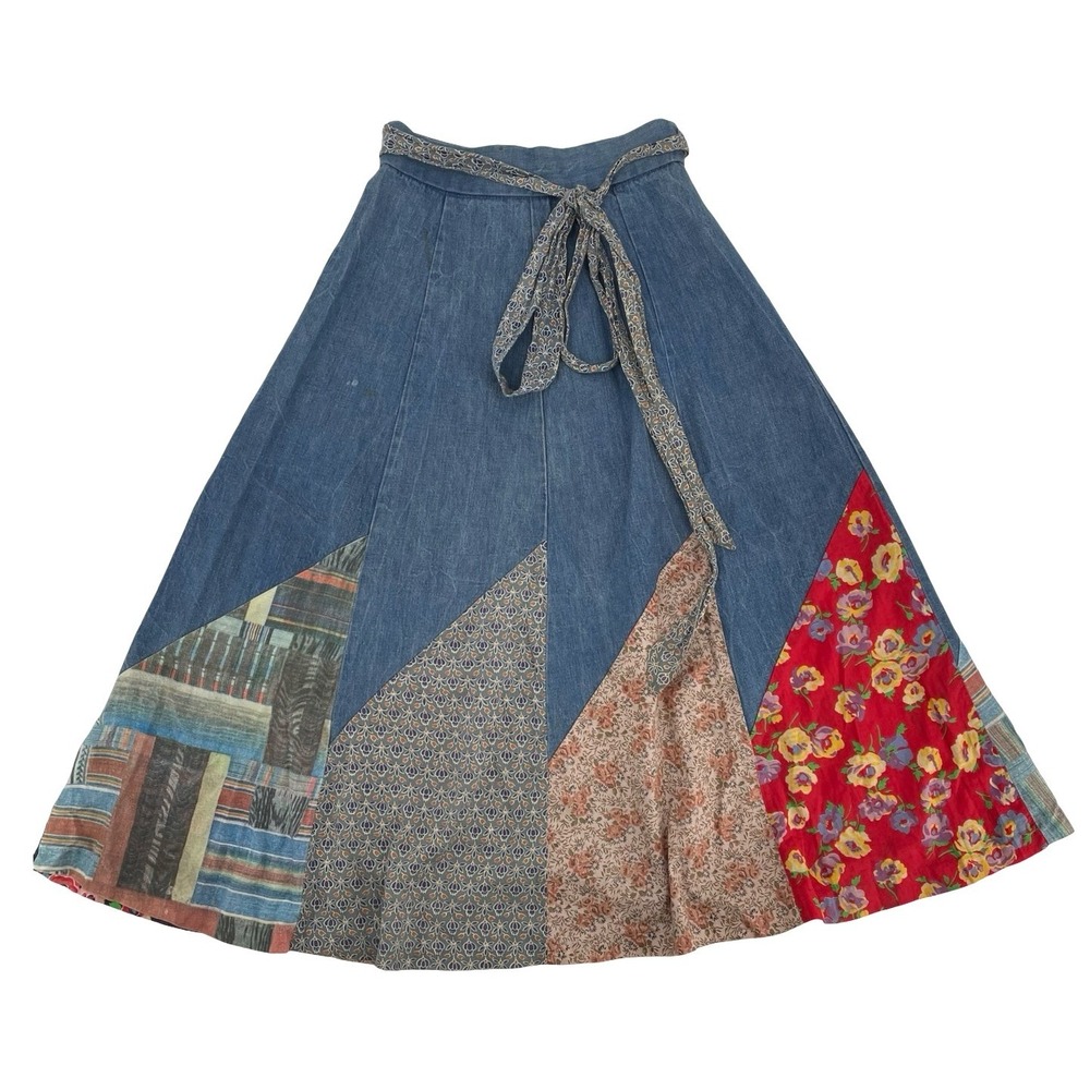 1970 Born Free Women's Skirt Patchwork Blue Denim Vintage Small